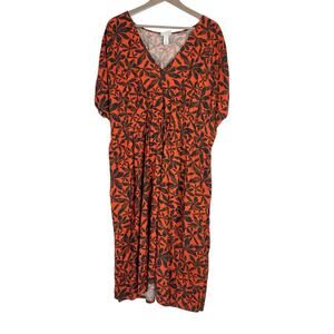 Ava & Viv Orange Black Floral V-Neck Boho Midi Dress Women's Size 2X 100% Cotton